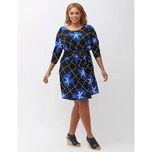 Lane Bryant Blue Floral Print Dress Attached Belt Size 22/24 3X Plus Size Career